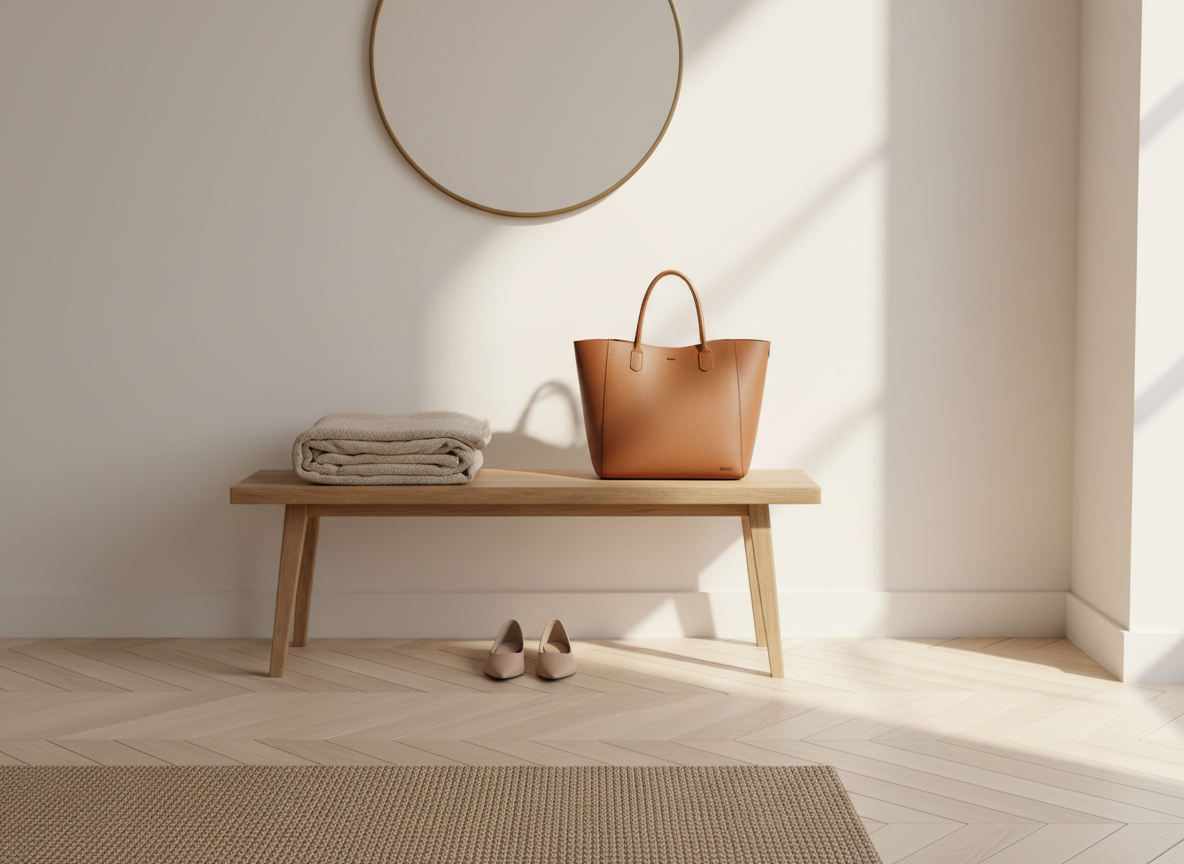 A sunlit entryway scene featuring a minimalist oak bench with tapered legs, topped with a neatly folded boucle throw in soft oatmeal and a structured faux-leather tote in warm cognac resting beside it. Under the bench, a pair of sleek, pointed-toe flats in beige are neatly aligned. On the wall above, a simple round mirror with a thin brass-look frame reflects muted light. The floor is pale chevron wood, and a narrow jute runner leads out of frame. Gentle midday natural light streams in from a side window, casting refined shadows. Photographic realism, shot at eye level with balanced composition, evoking an effortlessly polished, everyday-luxury arrival moment.