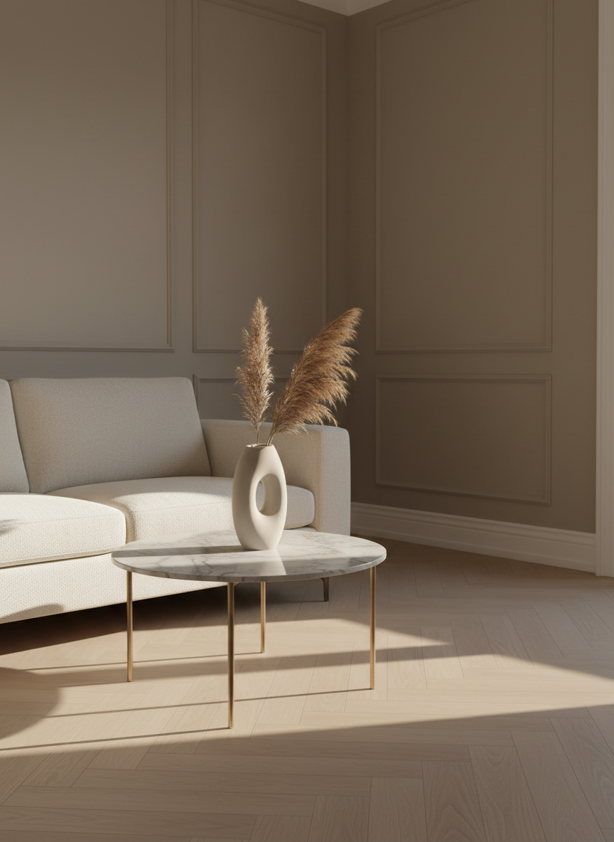 An elegantly styled living room corner featuring a low-profile cream bouclé sofa with clean lines and tailored seams, paired with a round faux-marble coffee table with slim brushed brass legs. A sculptural ceramic vase in matte ivory holds a few dried pampas stems. The scene is set against soft greige walls with simple white molding and a pale oak herringbone floor. Late afternoon natural light pours through an unseen window, casting gentle shadows and subtle highlights on the textured fabrics. Photographic realism, shot at eye level with a slightly wide angle and shallow depth of field, creating a calm, sophisticated, and attainable luxury atmosphere perfect for a Vienna-inspired lifestyle brand.