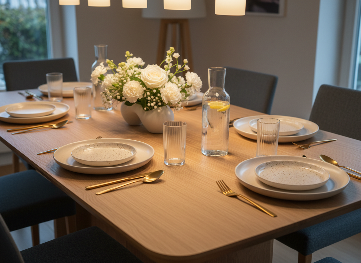 A refined dining table setup on a slim, rectangular oak table with softly rounded edges, styled for an intimate yet elevated everyday meal. Each setting features a matte stoneware plate in warm ecru, a smaller speckled side plate, and simple brushed gold cutlery. Tall, slender ribbed glass tumblers and a single clear carafe with lemon slices sit between settings. Down the center, a low arrangement of white supermarket flowers in a sculptural budget-friendly vase looks unexpectedly chic. Soft evening pendant lighting above casts a warm, flattering glow, with subtle reflections in the glass. Photographic realism, shot from a three-quarter angle, capturing a welcoming, quietly luxurious ambience.