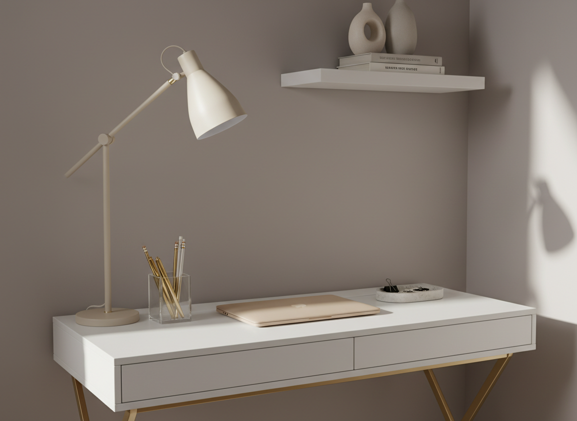 A stylish, compact home office nook featuring a slim white writing desk with slender, gold-toned legs, positioned against a soft mushroom-colored wall. On the desk rests a closed, muted beige laptop, a clear acrylic pencil cup holding gold pens, and a petite faux-stone tray with minimalist paper clips. A sculptural budget-friendly task lamp in matte cream arcs elegantly over the workspace. Above, a single floating shelf displays two neutral ceramic vases and a small stack of monochrome books. Soft, indirect afternoon light from an unseen window creates a calm glow, with gentle shadows defining each object. Photographic realism, captured from a slightly angled side view, conveying a serene, sophisticated work-from-home setup that feels designer yet attainable.