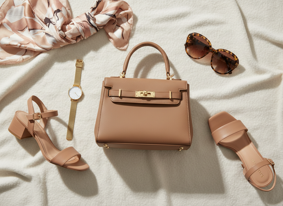 A carefully curated flat lay of affordable luxury fashion essentials laid out on a soft, cream cashmere-look blanket. Centered is a structured faux-leather top-handle bag in warm taupe with polished gold hardware, surrounded by a pair of minimalist nude block-heel sandals, oversized tortoiseshell sunglasses, a slim gold-toned watch with a mesh band, and a silk-like scarf in soft champagne and blush tones. Natural overhead daylight creates gentle, even illumination with soft shadows that emphasize texture without harshness. Photographic realism with sharp focus throughout, composed using the rule of thirds for a clean, editorial feel that suggests designer style without the designer price tag.