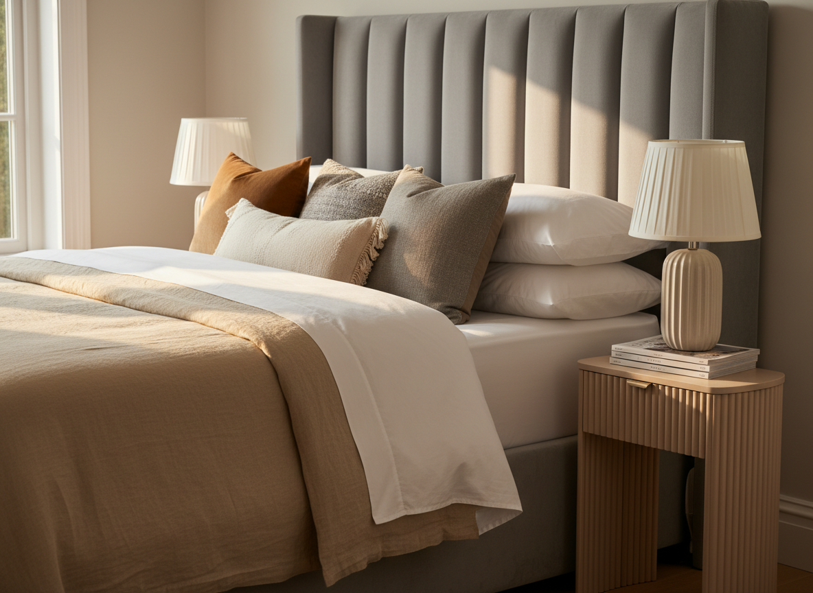 A neatly made bed with a high, channel-tufted headboard in dove gray velvet, dressed in crisp white cotton sheets and an oversized linen duvet in warm sand. Layered throw pillows in muted camel, stone, and ivory with subtle woven textures are arranged in a relaxed yet curated way. A slim, fluted bedside table in pale wood holds a ribbed ceramic lamp with a pleated shade and a small stack of glossy design magazines. Early evening golden hour light washes in from a nearby window, creating a serene, hotel-like glow. Photographic realism, shot from a slightly elevated side angle with a shallow depth of field, conveying everyday luxury and restful indulgence.